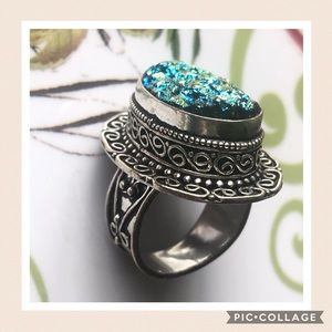 Chunky Rainbow Druzy Silver Ring NWOT